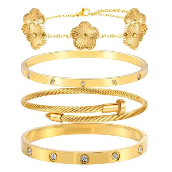Wholesale Geometric Hypoallergenic Bangle For Women In 304 Stainless Steel With 14K Real Gold Electroplated And Rhinestone Inlay