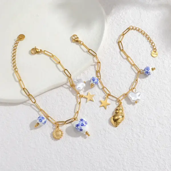 Wholesale Ceramic Blue And White Porcelain Bracelet Titanium Steel Shell Pendant 18K Gold Bracelet