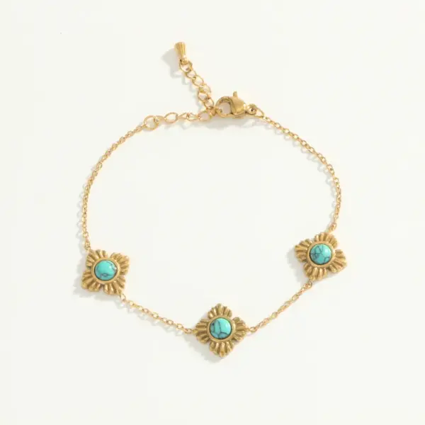 Wholesale 1-piece Gold Stainless Steel Vintage Flower Turquoise Women's Fashion Bracelet Suitable For Party Banquet Daily Wear Gift Jewelry