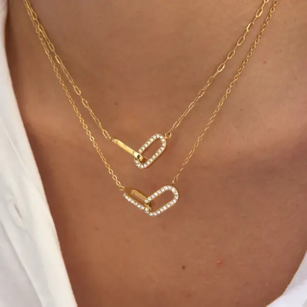 Wholesale Women's Classic Style 18K Gold 304 Stainless Steel + White Rhinestone Double Ring Necklace Earring Set 18K Real Gold Plated Vacuum Electroplating (In Furnace) Zircon Geometric Pattern (Jewelry) Waterproof Non-Fading Asymmetric Handmade Chain Jewelry Set For Women