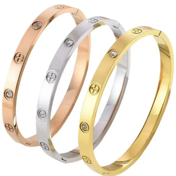 Wholesale Waves Inlay Bangle For Women In Steel Color Titanium Steel With Rhinestones