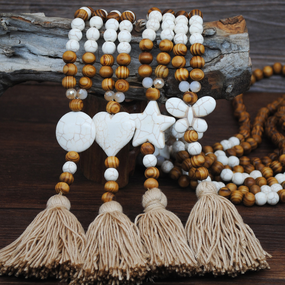 Wholesale Bohemian Dress Accessories Wooden Beads Tassel Pentagonal Stars Butterfly Long Necklace Vintage Artistic Beach Jewelry