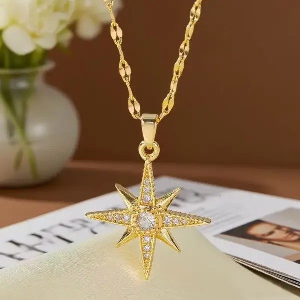Wholesale Starburst Inlay Pendant Necklace For Women, 18K Gold Plated Copper With Artificial Rhinestones And Lip Chain
