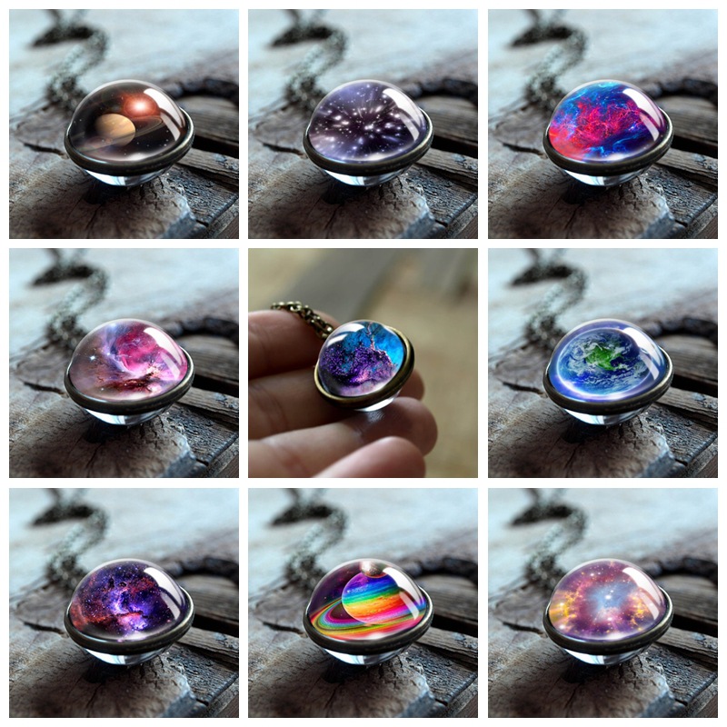 Wholesale European and American Cross-Border Jewelry Double-Sided Glass Ball Solar System Universe Starry Sky Necklace
