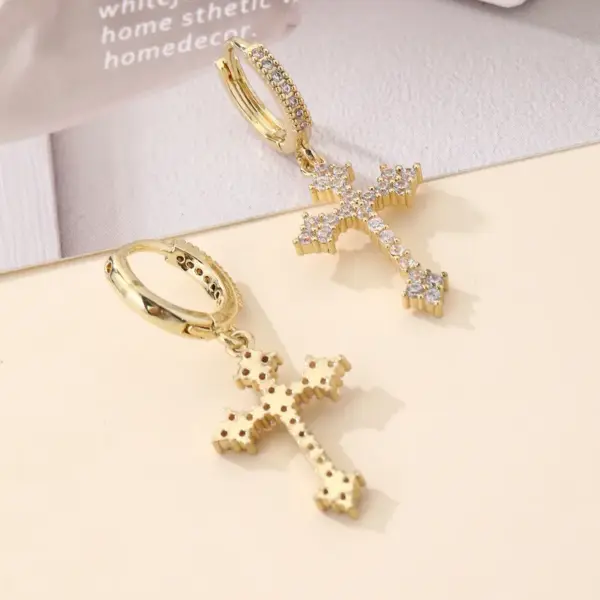 Wholesale Handmade Cross Earrings For Women In Copper With KC Golden Water Plating And Zircon Inlay, Elegant Drop Design