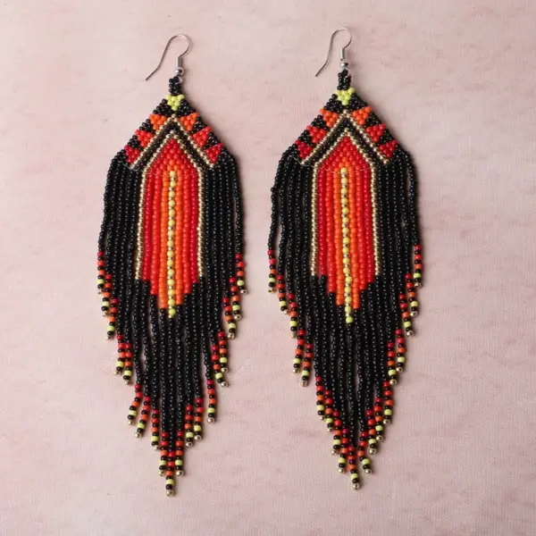 Wholesale Long Bohemian Tassel Geometric Gradient Rice Bead Earrings Women Handmade Glass Beads Dangle Earrings Floral Print Style