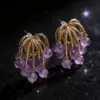 Wholesale Women’s Tassel Stud Earrings With Micro-Pavé Craft, 18K Real Gold Plated Brass Featuring February Birthstone Amethyst And UV Plating