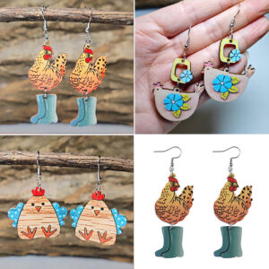 oly-7519988743a004389ab5a1140cf6ac6e Wholesale Cross-border Amazon Western Farm Pastoral Style Earrings Cute Hen Chick Stitching Pendant Wooden Double-sided Earrings