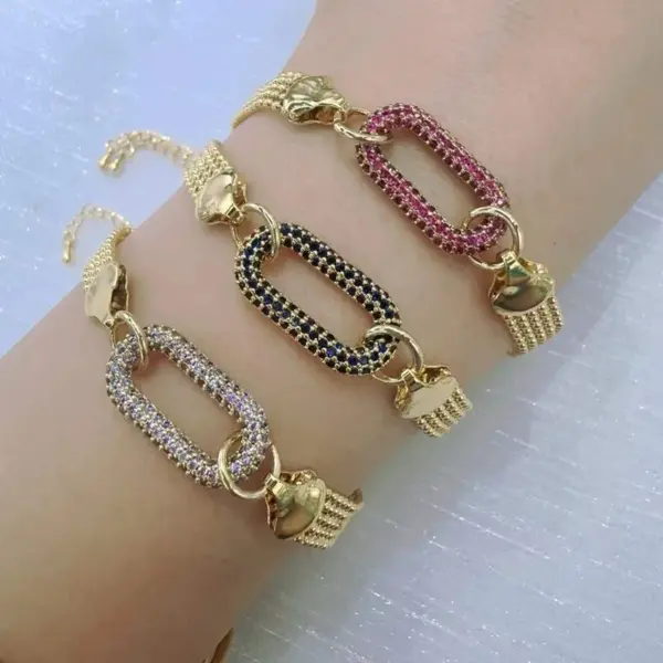 Wholesale Oval Electroplated Copper Bracelet For Women With 18K Real Gold Water Plating And Zircon Inlay, Featuring Round Bead Woven Chain