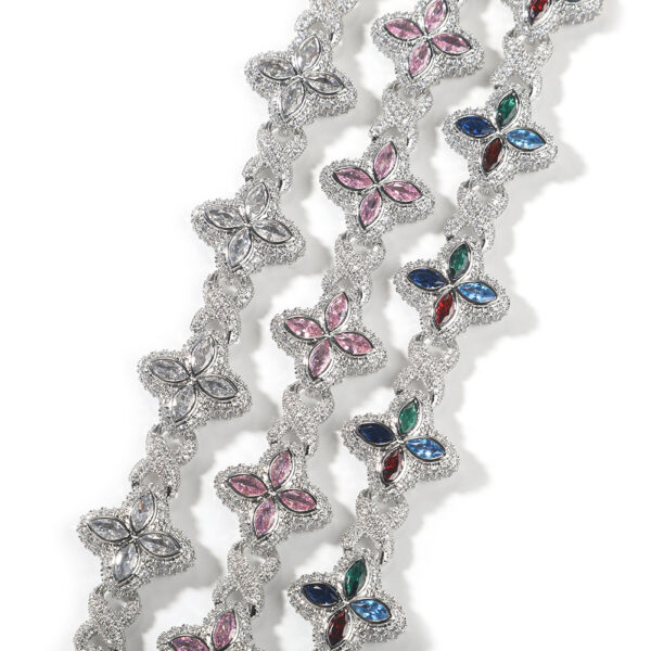 oly-753a1324100e60b35623f60bd68d5a20 Wholesale Brass inlaid zircon hip-hop rap chain four-leaf clover bracelet zircon colored necklace