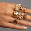 Wholesale 18K Gold Plated 304 Stainless Steel Diamond Ring Vintage Gemstone Ring Vacuum Electroplating (In Furnace) Geometric Asymmetric Ring Jewelry Rings For Women With Rhinestones And Tiger Eye
