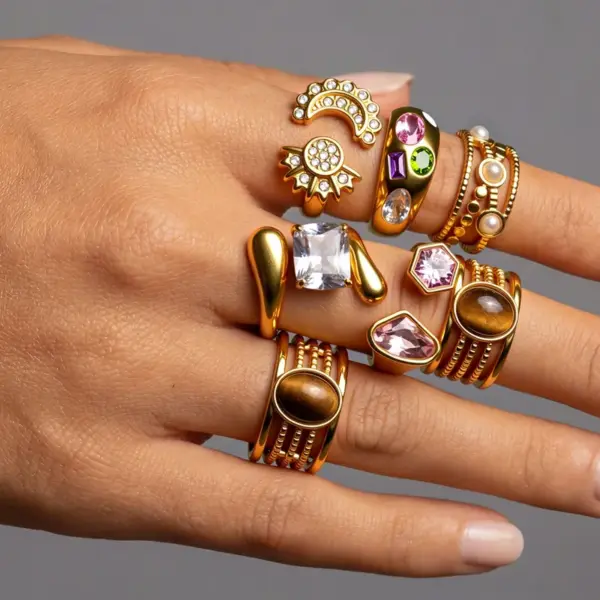 Wholesale 18K Gold Plated 304 Stainless Steel Diamond Ring Vintage Gemstone Ring Vacuum Electroplating (In Furnace) Geometric Asymmetric Ring Jewelry Rings For Women With Rhinestones And Tiger Eye