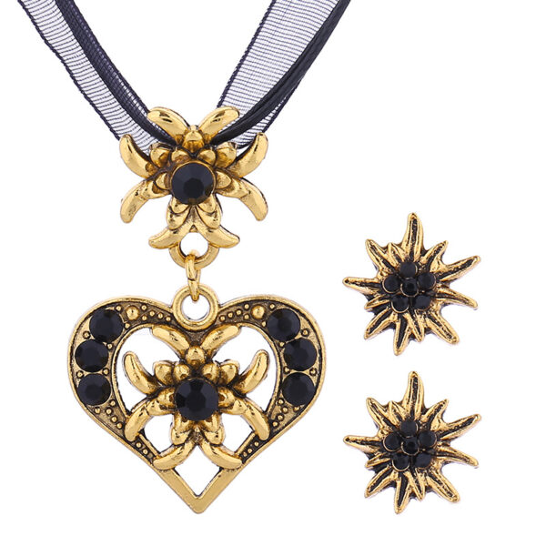 Wholesale Electroplated zinc alloy beer festival necklace with heart-shaped diamond-encrusted edelweiss set, Nordic style jewelry.