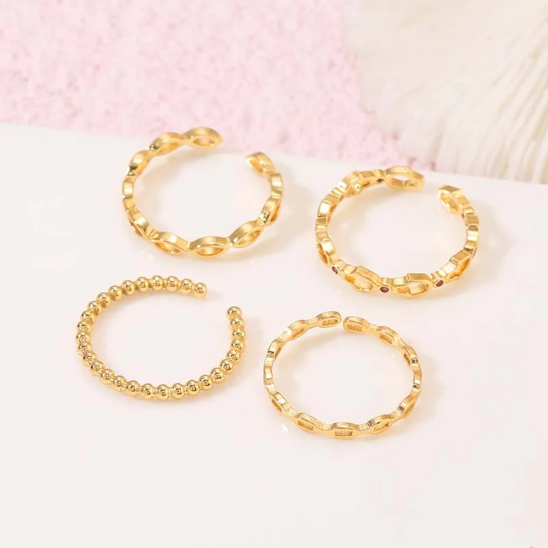Wholesale Geometric Open Rings For Women In Copper With 14K Real Gold Plating And Red Zircon Inlay