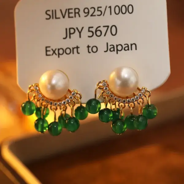 Wholesale Hong Kong Tassel Earrings Green Agate Freshwater Pearl Women's Jewelry Simple Geometric Gold-Plated Copper