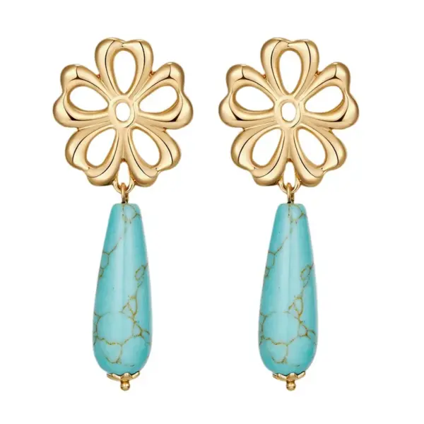 Wholesale Women’s Flowers Stud Earrings Featuring Enamel Craft And Turquoise Inlay, 18K Real Gold Plated Copper With PVD Coating