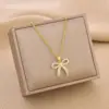 Wholesale Fashion Bow Knot Titanium Steel Hollow Out Inlay Rhinestones Pendant Necklace 1 Piece