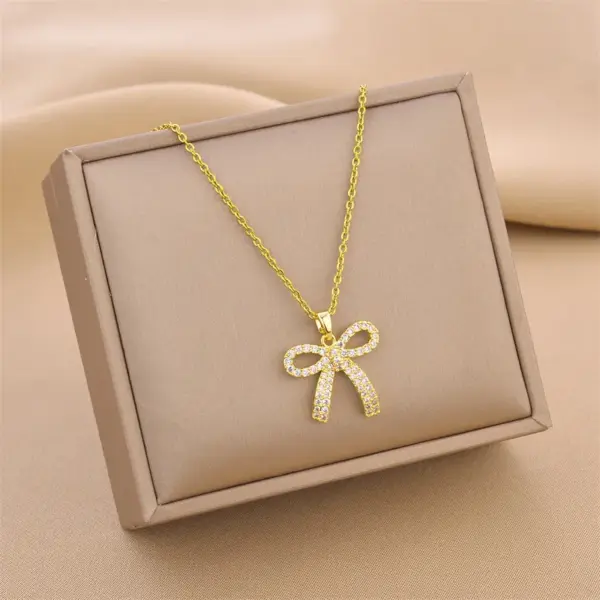 Wholesale Fashion Bow Knot Titanium Steel Hollow Out Inlay Rhinestones Pendant Necklace 1 Piece