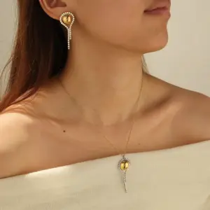 Wholesale 18K Gold Plated 304 Stainless Steel Vacuum Electroplating (In Furnace) Zircon Geometric Mixed Color (Jewelry Metal Contrast Color) British Style Cable Chain/Cross Chain/O Chain Jewelry Set For Women Independence Day