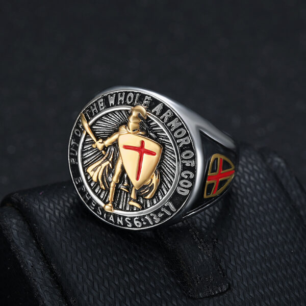 oly-76854577b035444c2783b98122c9622c Wholesale Popular Men's Titanium Steel Gold-Plated Ring Retro Temple Knight Red Cross Shield Ring