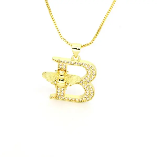 Wholesale New Fashion Classic Bee Diamond Embedded 26 English Alphabet Gold Plated Copper Link Necklace For Women Ins Style Gold Color