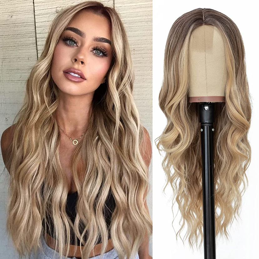 Wholesale Amazon cross-border Europe and the United States new wig medium gradient yellow long curly hair women's big wave wig rose net