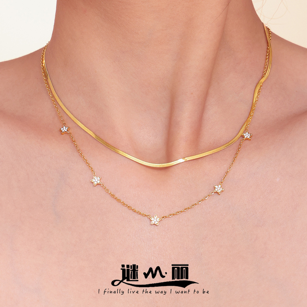 Wholesale Enigma Ins Five-pointed Star Inlaid Zircon Small Diamond All over the Sky Star Clavicle Necklace Titanium Steel Gold Plated Simple Double-la