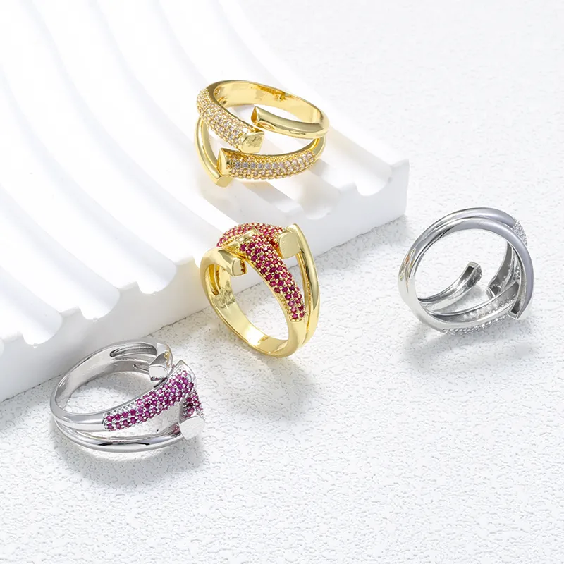 Wholesale Geometric Open Rings For Women With Zircon Inlay, Copper Base Featuring 18K Real Gold Water Plating