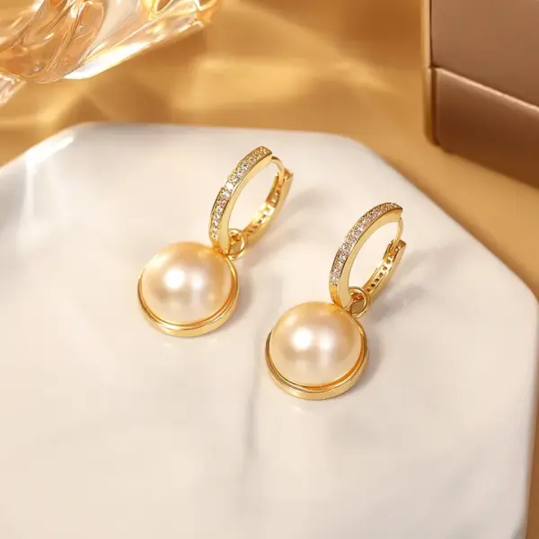 Wholesale Fashion Double-Sided Pearl Earrings For Women, Micro-Inlaid Zircon Tea Rose Design, Versatile Geometric Pattern, Gold-Plated 925 Sterling Silver Copper Dangle Earrings