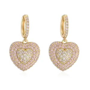 Gold Pink Diamond Heart Earrings 1Pair