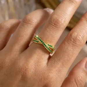Wholesale Women’s Crossover Rings With Zircon Inlay, Copper Base Featuring KC Golden Water Plated Bezel Setting