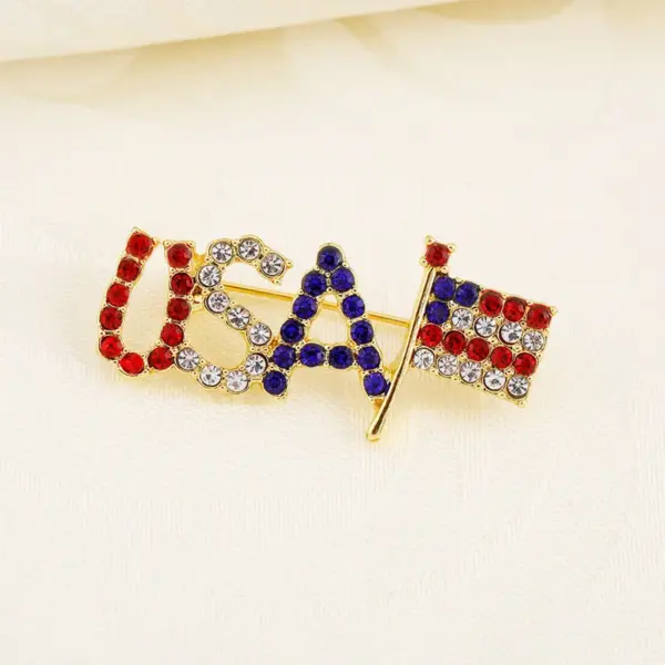Wholesale Fashionable Alloy Diamond Embedded Heart Shaped Lapel Pins Women's Clothing Accessories USA Flag Letter Brooch Pin Trendy Geometric Pattern