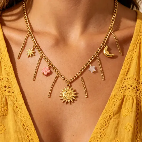 oly-792c7d2275e648ff7b39ef2dff65ed75 Wholesale Sun Necklace For Women, Waterproof Non Tarnish 304 Stainless Steel With 18K Real Gold Plated And Zircon Inlay, Electroplated
