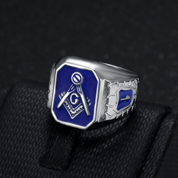Wholesale Hip Hop HIPHOP Jewelry Titanium Steel Gold Plated Blue Glue Masonic AG Men's Ring