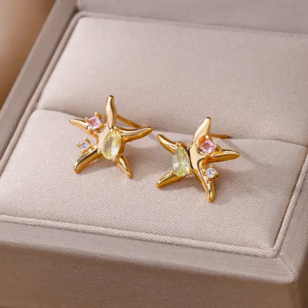 Wholesale Three-dimensional Sun Stud Earrings For Women In 304 Stainless Steel With 18K Gold PVD Coating And Zircon Inlay