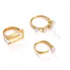 Wholesale Irregular Titanium Steel Rings For Women With Real Gold Plated And Imitation Pearl Inlay, 3 Pieces Set