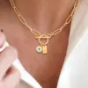 Wholesale Vintage Demon Rectangle Initial OT Buckle Pendant Gold 201 Stainless Steel Paperclip Chain Women's Necklace Demon Eye Universal Electroplated Zircon