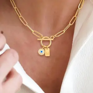 Wholesale Vintage Demon Rectangle Initial OT Buckle Pendant Gold 201 Stainless Steel Paperclip Chain Women's Necklace Demon Eye Universal Electroplated Zircon