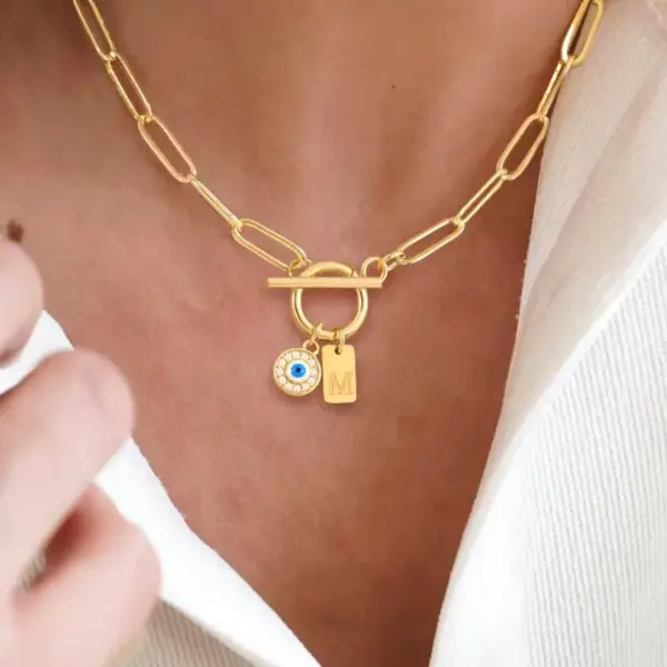 Wholesale Vintage Demon Rectangle Initial OT Buckle Pendant Gold 201 Stainless Steel Paperclip Chain Women's Necklace Demon Eye Universal Electroplated Zircon