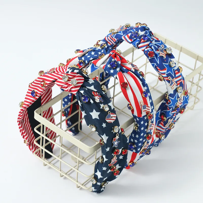 Wholesale Hot New American Flag Independence Day Headband Red White Blue Water Drill Hoop Knot Fabric Wide-brimmed Headband