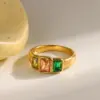 Wholesale 18K Gold Plated 304 Stainless Steel Vacuum Electroplated (In Furnace) Zircon Geometric Setting Gold Women's Ring