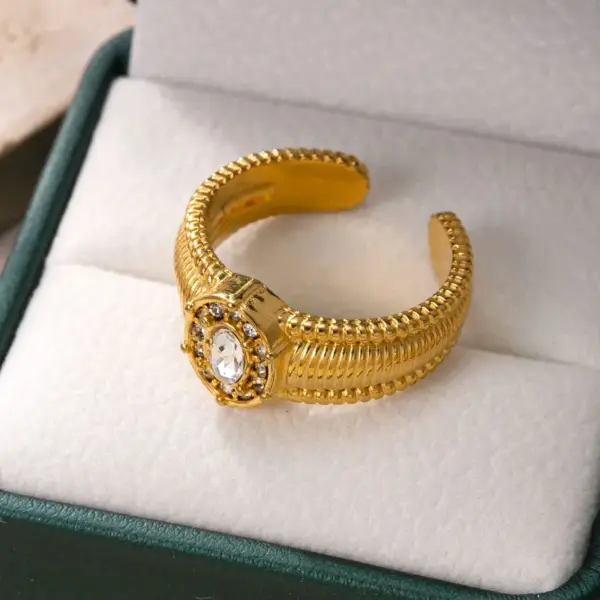 Wholesale Geometric Open Rings For Women, Waterproof Non Tarnish 304 Stainless Steel With 18K Real Gold Plated PVD Coating And Rhinestones Inlay