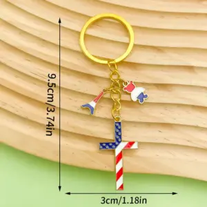 Gold Blue American Independence Day Cross Bear Tower Keychain -5.7g-ER1673