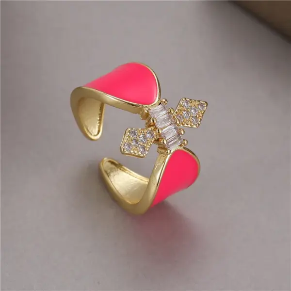 Wholesale Women’s Bow Tie Open Rings Featuring Enamel Craft And Zircon Inlay, Electroplated Copper Material