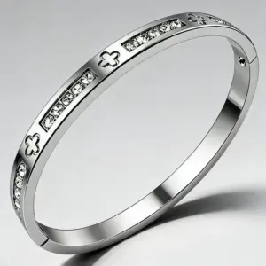 46-D-1 Steel Color Four-Leaf Clover Diamond-Encrusted Bracelet