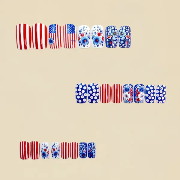 Wholesale Blue Press-on Nail Stickers Medium Length European Square Independence Day Floral Nail Art Decoration Polyester Fiber