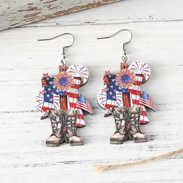Wholesale New Red White Blue American Flag Cross Butterfly Knot Pendant Earrings Wooden Double-Sided Independence Day Ear Jewelry