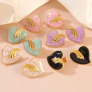 Wholesale 304 Stainless Steel Plastic Heart Shape Plated Imitation Gold IG Style Cute Exaggerated Enamel Gold Ear Studs