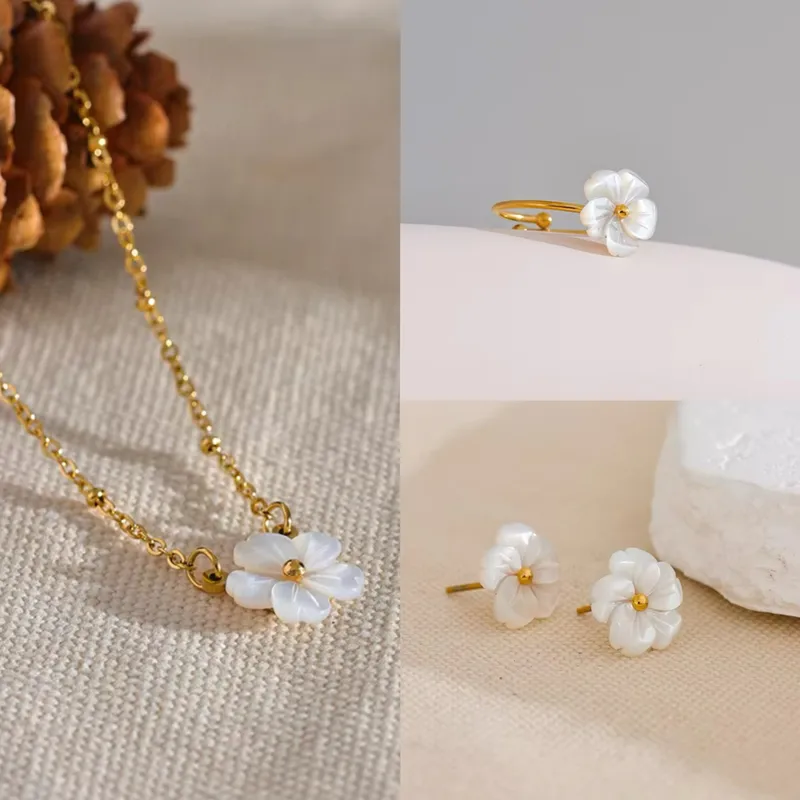 Wholesale Ion Plating (IP) 18K Gold Real Gold Plated Flower 304 Stainless Steel Elegant Sweet IG Style Waterproof Non Tarnish Rings Earrings Necklace