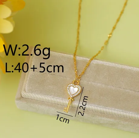 Wholesale 304 Stainless Steel Copper 18K Gold Plated Chain Heart Shape Key White Shell Zircon Pendant Necklace